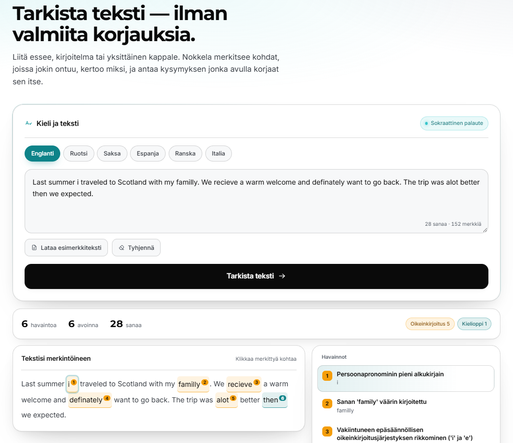 Nokkelan kieliopin tarkistus merkitsee englanninkielisen tekstin virheet ja selittää ne